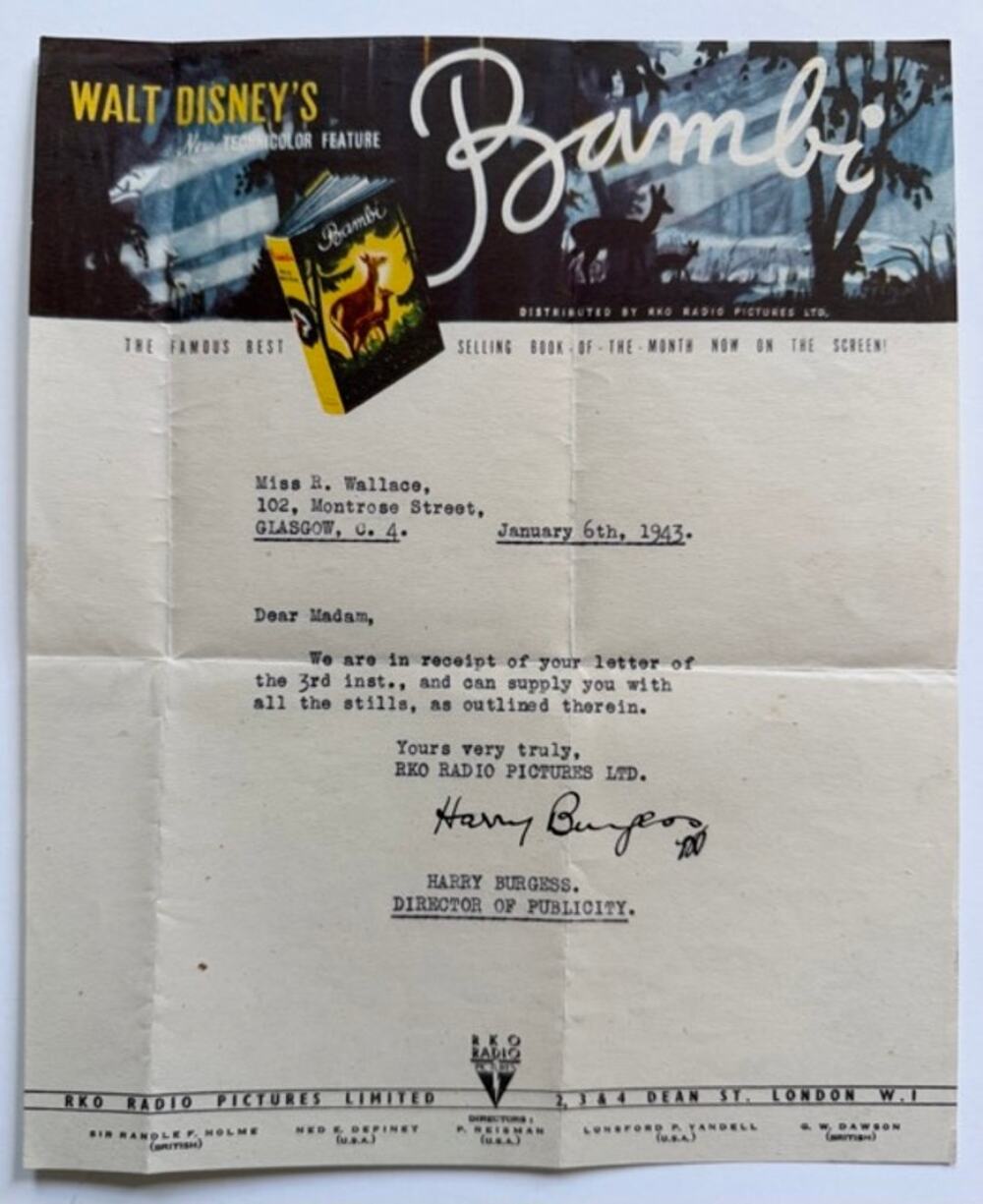 SCARCE 1943 Walt Disney Bambi Signed Letterhead London RKO Radio Pictures Disney
